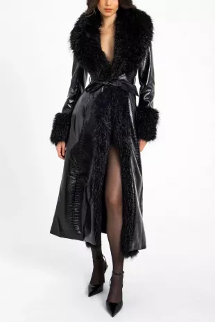 Zella Faux Fur Trim Vegan Croc Leather Coat