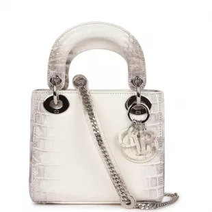 Small Lady Dior Tote White Himalaya Crocodile Silver Hardware