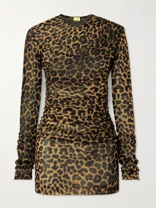Leopard-print Ruched Mesh Mini Dress
