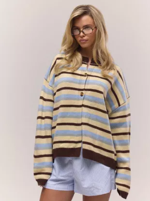 Oversized Button Through Drop Shoulder Knitted Stripe Jumper