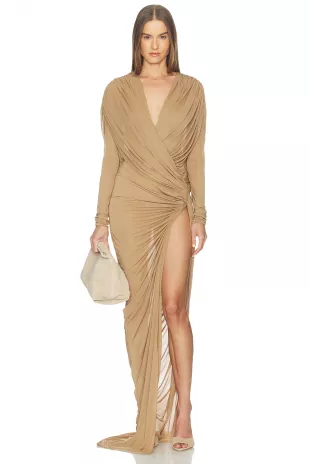 Draped Long-Sleeved High-Slit Dress