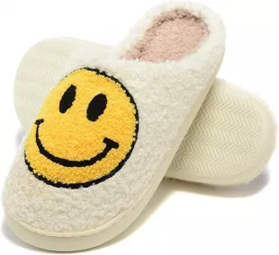 Retro Fuzzy Happy Face Slippers