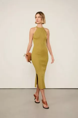 Vestido De Tricot Com Lurex Midi Decote Halter
