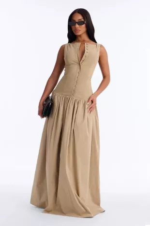 Everly Drop Waist Button Up Maxi Dress