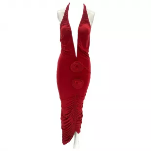 Red Jersey Halterneck Ruched Midi Dress