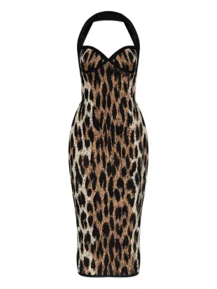 Vestido Midi Con Estampado De Leopardo y Cuello Halter