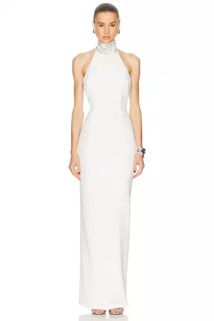 Rectangle Stone Embroidery Collar Slit Dress