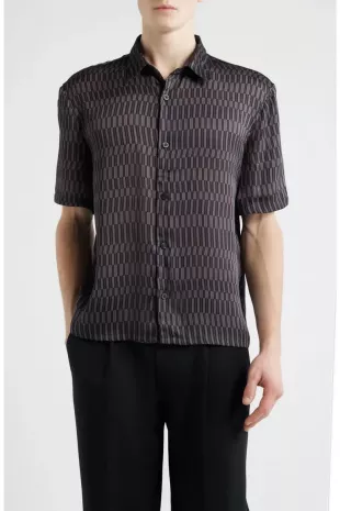Oversize Geo Print Short Sleeve Button-Up Shirt in Black Eccentric Lines