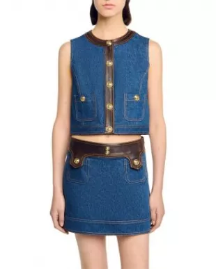 Leather Trim Denim Vest