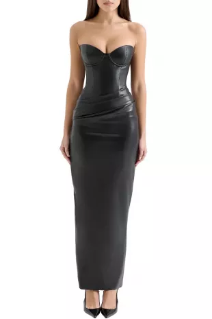 Black Faux Leather Strapless Corset Gown