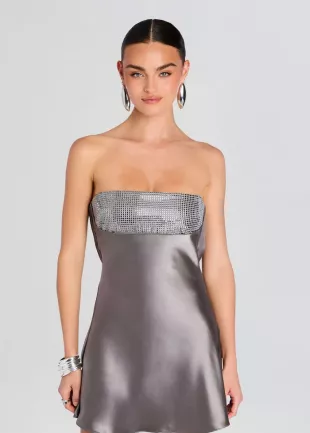 Silver Sequin Embellished Strapless Satin Mini Dress