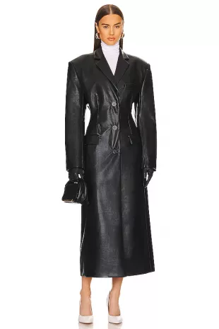 Waterbased Faux Leather Long Coat