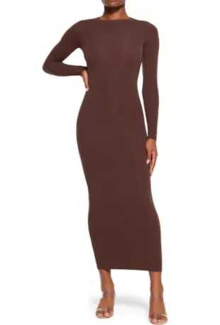 Crew Neck Long Sleeve Maxi Dress in Cocoa
