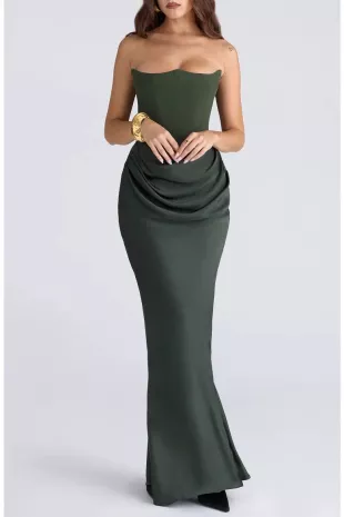 Persephone' Emerald Green Crepe Strapless Corset Maxi Dress