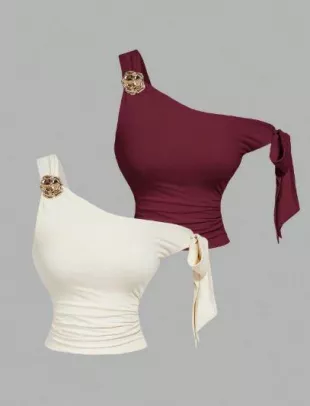 Camisole Ruched Tops One Shoulder One Sleeve Blouse