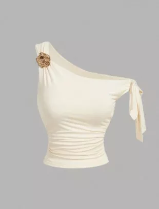 Floral Bowknot Asymmetric Neck Apricot Top