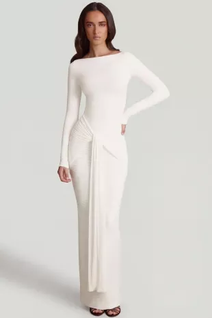 Mericia Soft Jersey Boat-Neck Tie-Gather Maxi Dress