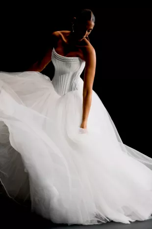 Satin and Tulle Ball Gown with Strapless Neckline and Basque Waist