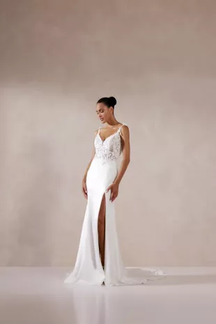 Fit and Flare Gown with Matte Lace Embroidered Bodice