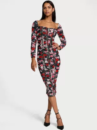 Noir Floral Shirred Mesh Lace-Up Midi Dress