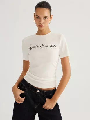 Letter pattern Short Sleeve Ruched T-Shirt