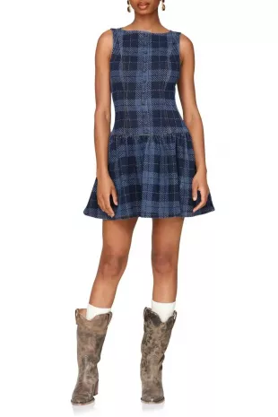 Plaid Drop Waist Cotton Blend Denim Dress