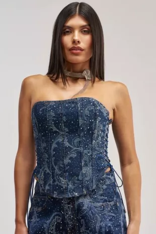 Elevated Denim Corset with Rhinestones