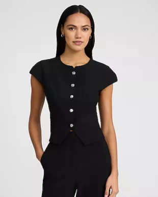 Studio Stretch Twill Novelty Button Short Sleeve Tailored Top