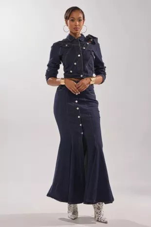You Got Me Spinning Denim Maxi Skirt