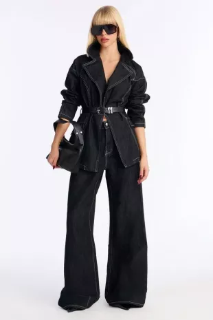 Power Stitched Belted Denim Pant Set