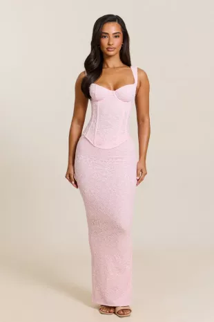 The Cinched Lace Corset Maxi Set in Baby Pink