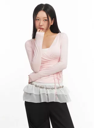 Wrap Shirred Long Sleeve Crop Top
