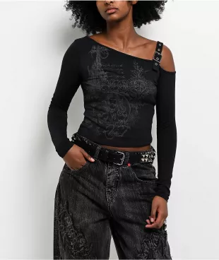 Off Shoulder Black Long Sleeve Crop T-Shirt