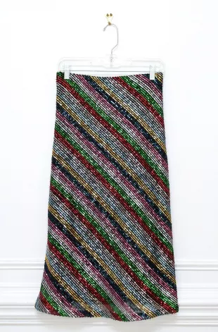 Rainbow Multicolored Stripe Sequin Bias Cut Midi Skirt