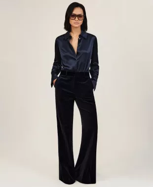 Cotton Velvet Satin-Stripe Flared Pants