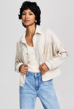 Fringe Trim Faux Suede Jacket