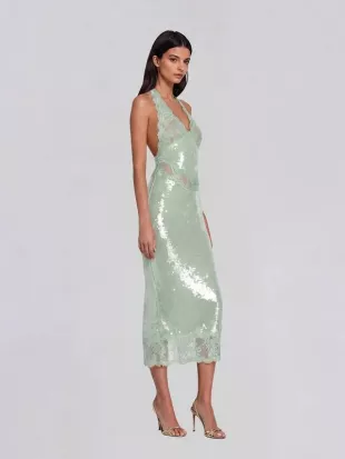 Virellon Halterneck Lace Sequin Midi Dress