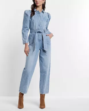 Puff Sleeve Tie Waist Medium Wash Denim Jumpsuit
