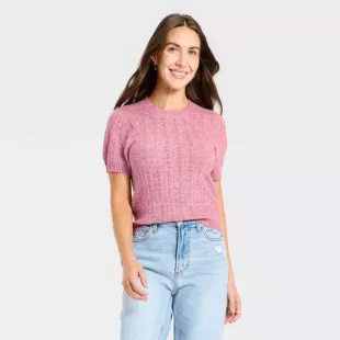 Women's Short Sleeve Pointelle Crewneck Pullover Sweater