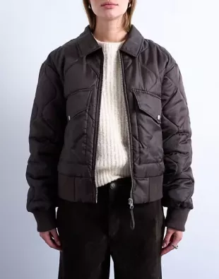 Collared Liner Cropped Bomber Jacket In Brown