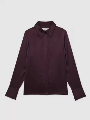 Ameira Silk Satin Concealed Placket Shirt in Burgundy