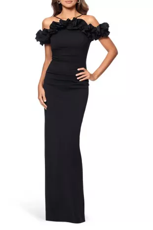 Ruffle Detail Crepw Body-Con Gown