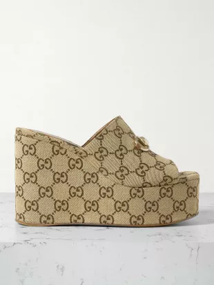 Carmen Horsebit-embellished Canvas-jacquard Wedge Mules