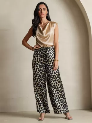 Pure Silk Leopard Print Wide Leg Pants
