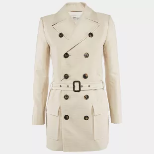 Cream Textured Cotton Double Breasted Jacket