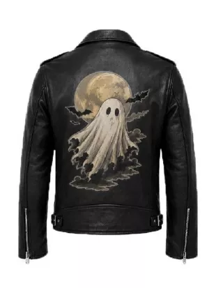 Halloween 2026 Ghost Print Black Leather Jacket