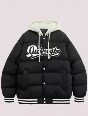 Letter Embroidered Drawstring Hooded Winter Coat
