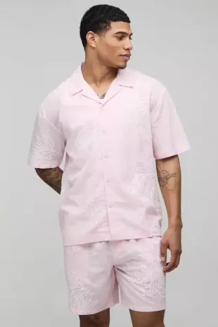 Palm Embroidered Oversized Linen Shirt & Relaxed Short Set