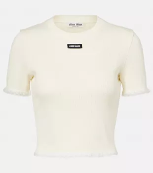 Cropped Lace-trimmed Cotton T-shirt