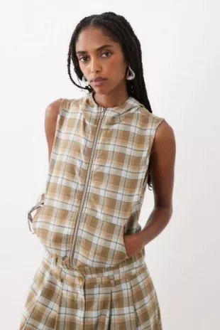 Lirren Zip Through Top in brown Check